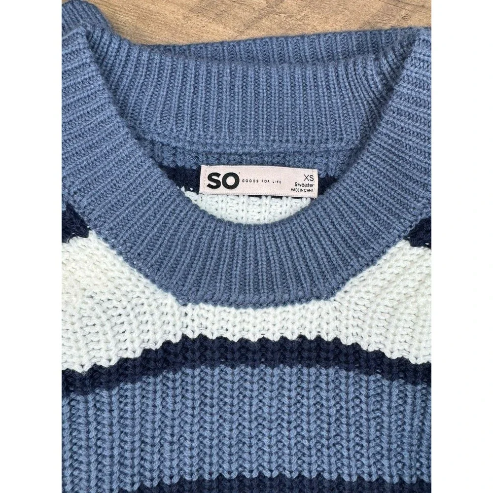 SO Women's Juniors' Crewneck Pullover Sweater Size XS Blue & White Stripe NWOT